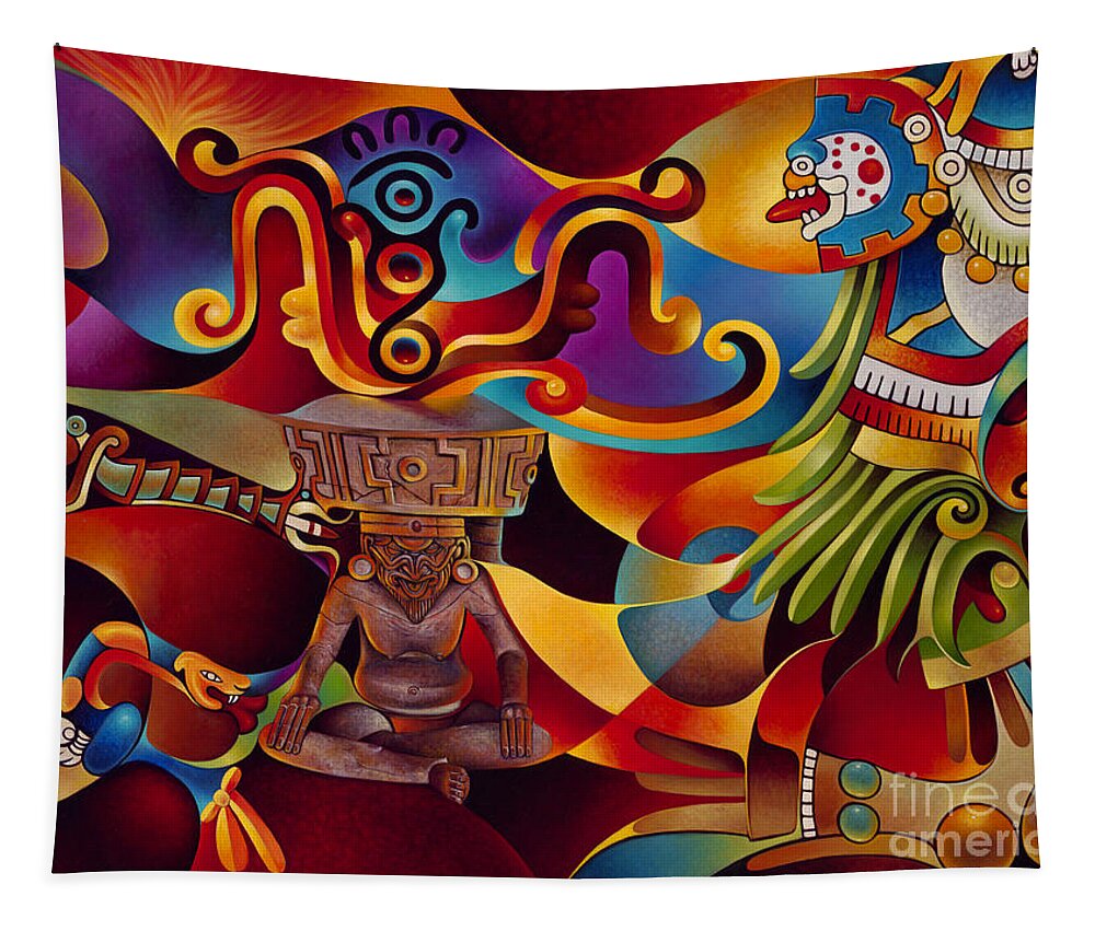 Aztec Tapestry featuring the painting Tapestry of Gods - Huehueteotl by Ricardo Chavez-Mendez