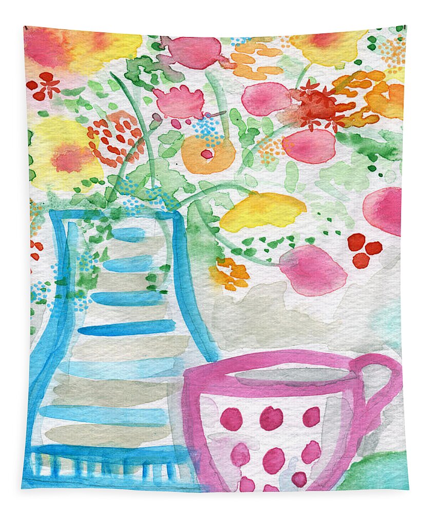 Flowers Tapestry featuring the painting Tea and Fresh Flowers- whimsical floral painting by Linda Woods