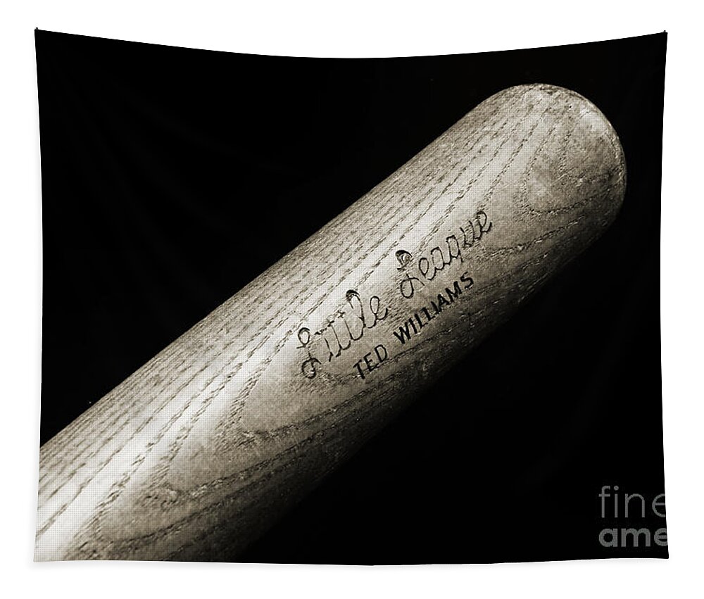 Baseball Bat Tapestry featuring the photograph Ted Williams Little League Baseball Bat BW by Andee Design