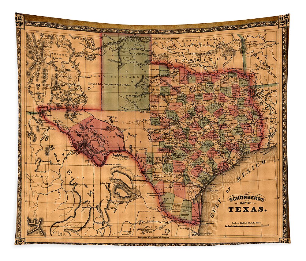 Texas Tapestry featuring the drawing Texas Map Art - Vintage Antique map of Texas by World Art Prints And Designs