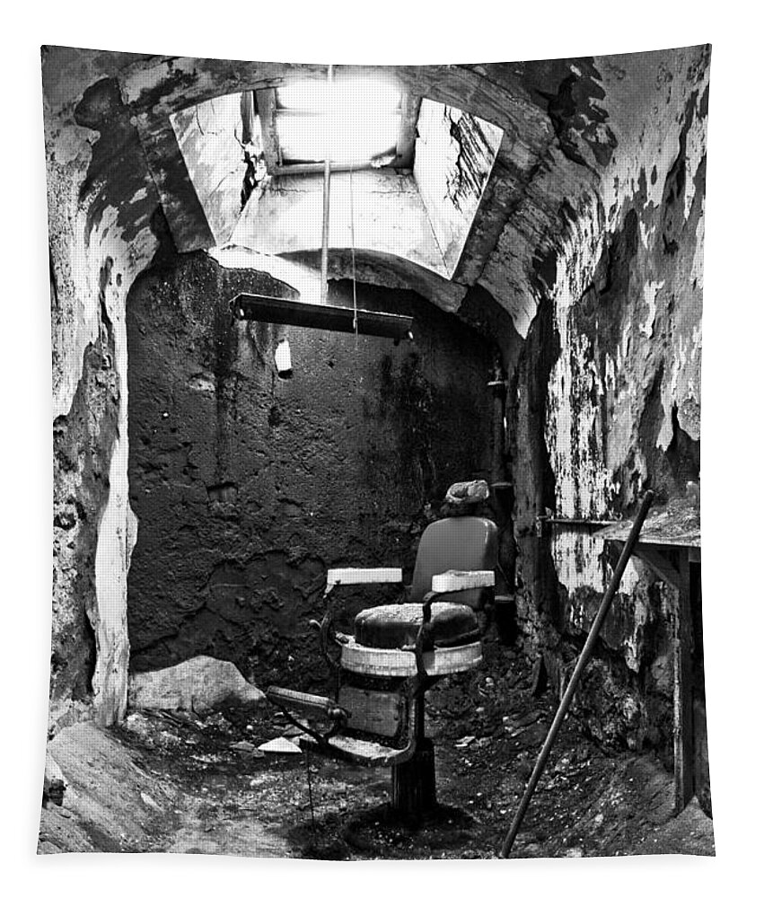 Eastern State Penitentiary Tapestry featuring the photograph The Barber Chair - BW by Paul W Faust - Impressions of Light