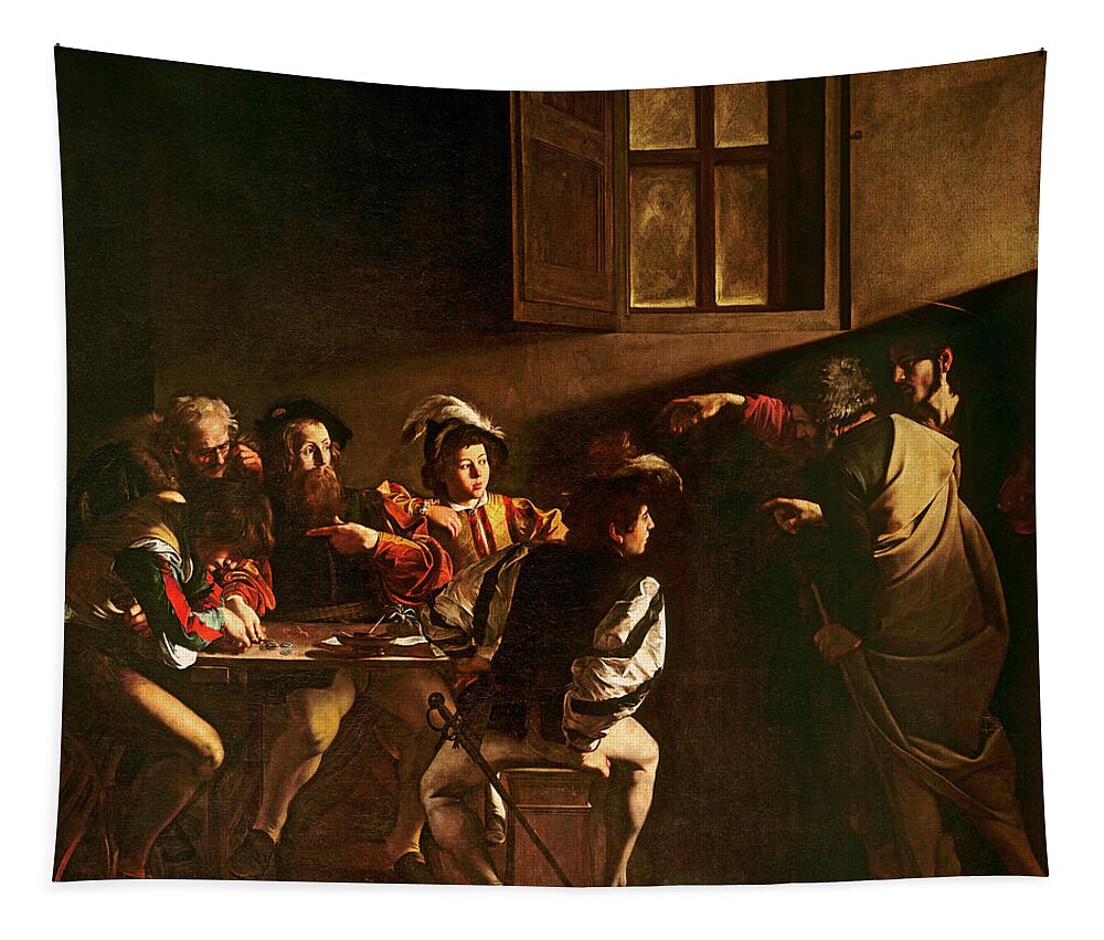 Chiaroscuro Tapestry featuring the painting The Calling of St Matthew by Michelangelo Merisi o Amerighi da Caravaggio