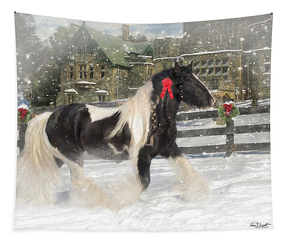 Christmas Tapestry featuring the mixed media The Christmas Pony by Fran J Scott
