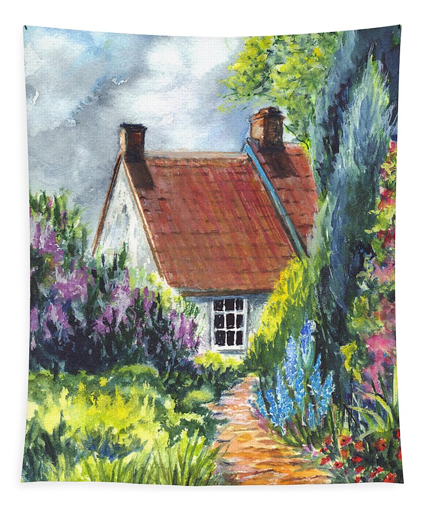 Watercolor Tapestry featuring the painting The Cottage Garden Path by Carol Wisniewski