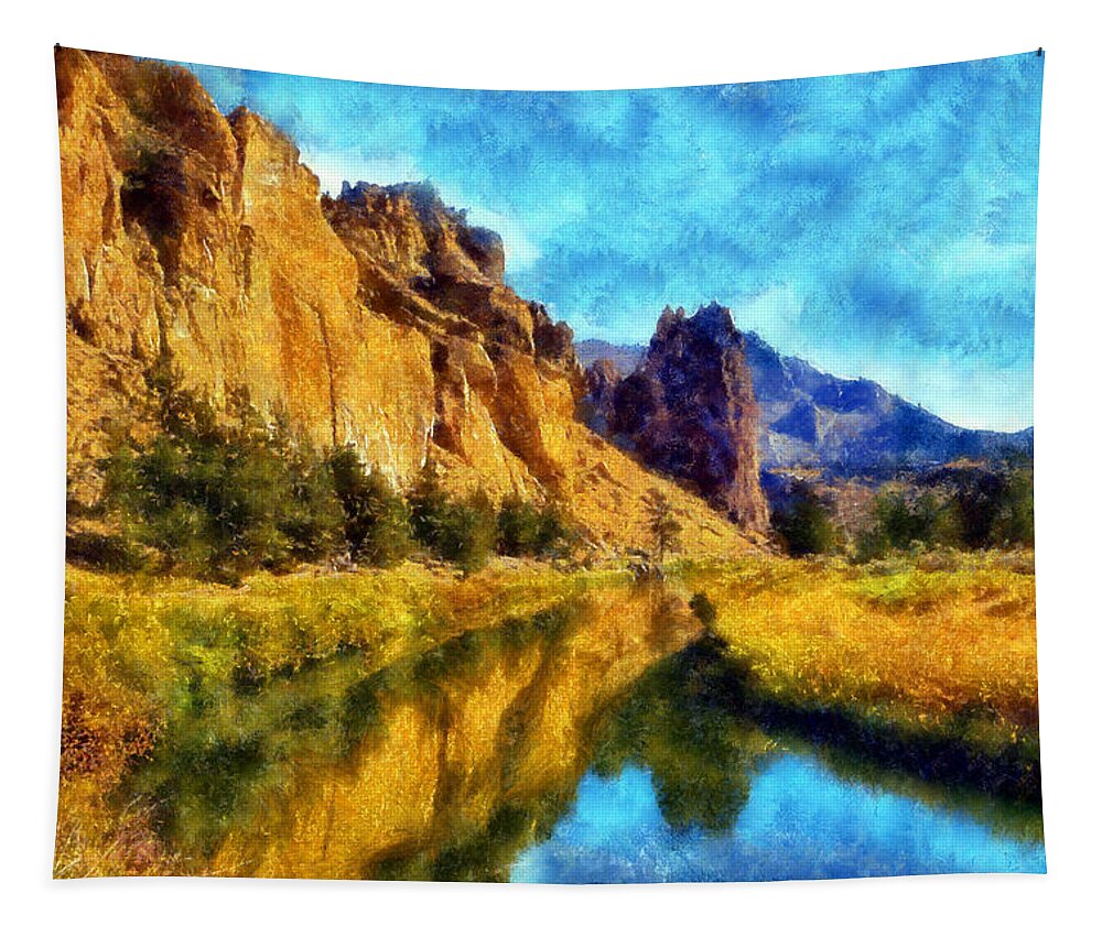 Smith Rock Tapestry featuring the digital art The Crooked River by Kaylee Mason