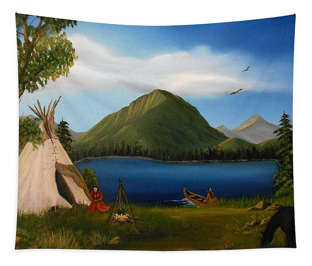 Landscape Tapestry featuring the painting Dawn of Tohidu by Sheri Keith