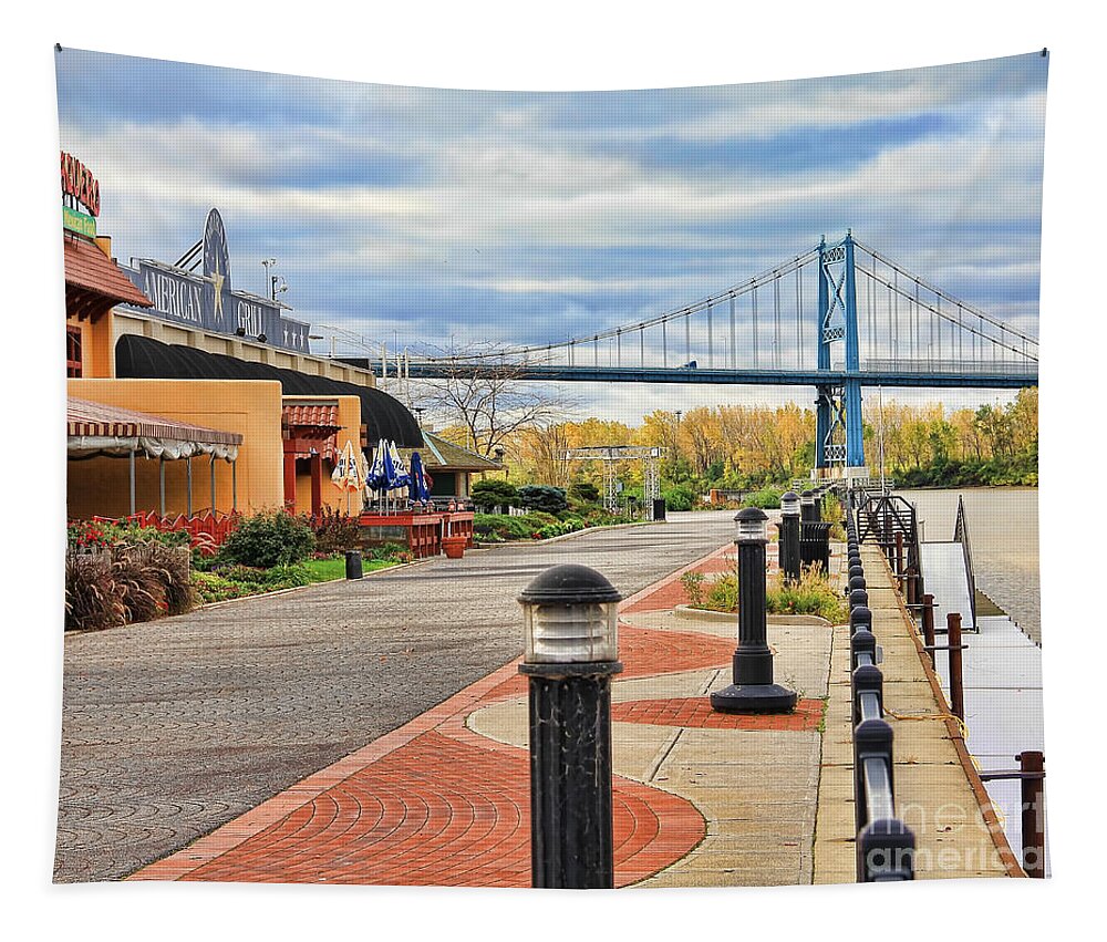 The Docks Tapestry featuring the photograph The Docks and the Anthony Wayne Bridge by Jack Schultz