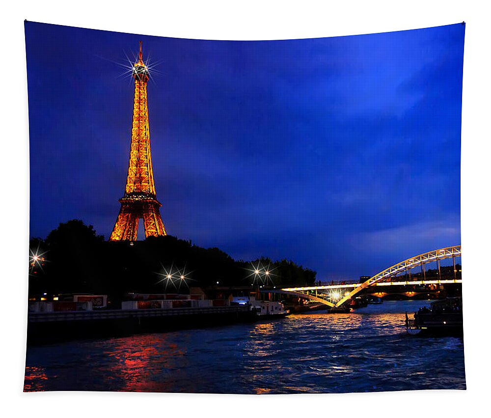 Crystal Tapestry featuring the photograph The Eiffel Tower on the Seine at the Blue Hour by Mitchell R Grosky