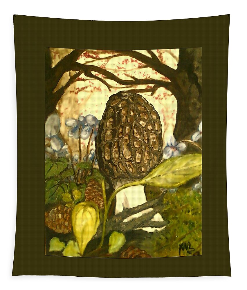 Morel Tapestry featuring the painting The Elusive Morel Among Violets by Alexandria Weaselwise Busen