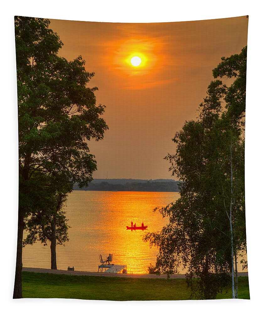 At The Lake Tapestry featuring the photograph The End of a Perfect Day by Wayne Moran