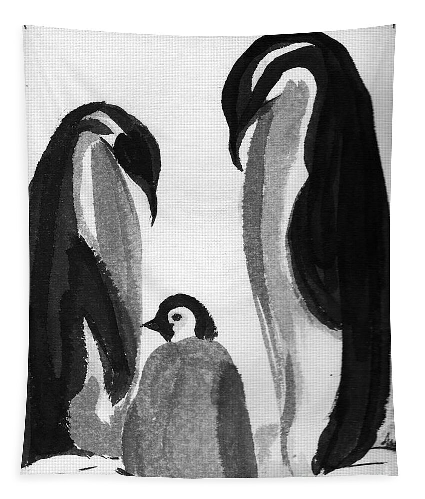 Sumi-e Tapestry featuring the painting Happy feet -The family of penguins by Asha Sudhaker Shenoy
