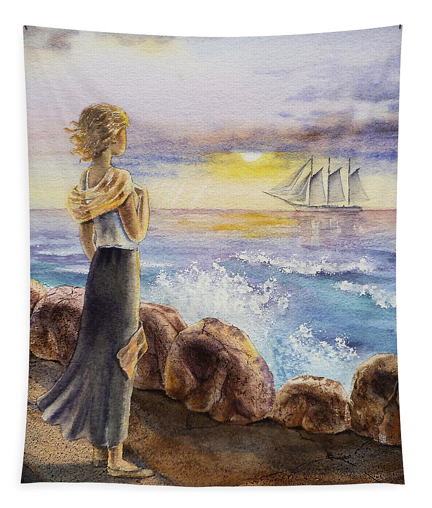 Girl Tapestry featuring the painting The Girl And The Ocean by Irina Sztukowski