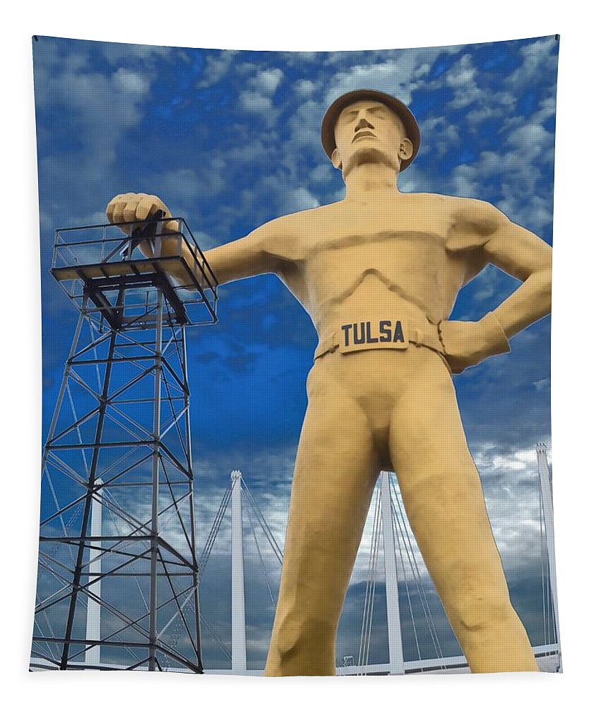 Golden Tapestry featuring the photograph The Golden Driller - Tulsa Oklahoma by Deena Stoddard