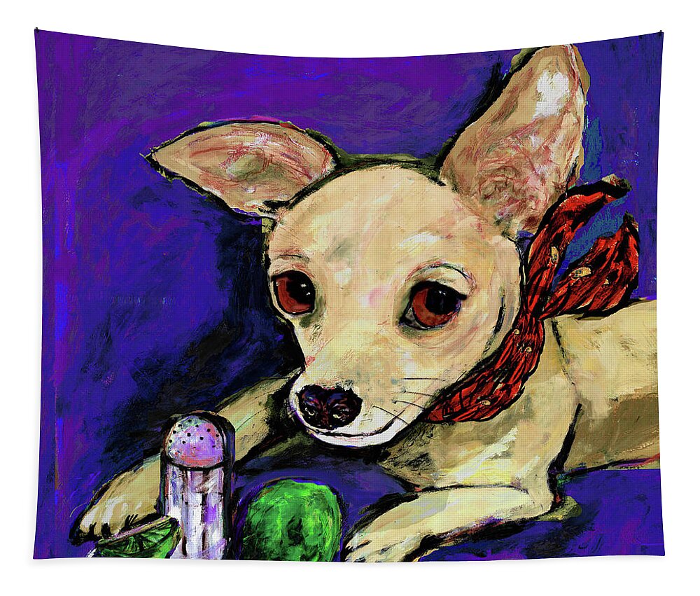 Chihuahua Tapestry featuring the painting The Lovely Ms. Tecate Guarding Her Salt And Lime by Dale Moses