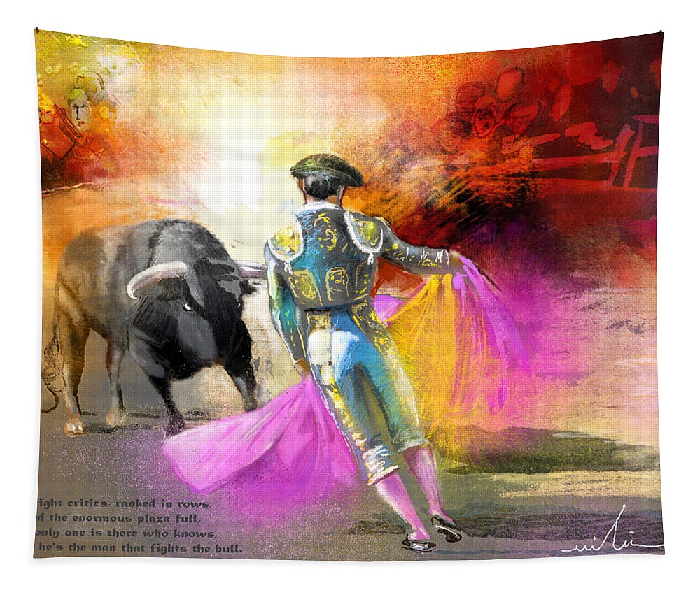 Bulls Tapestry featuring the painting The Man Who Fights The Bull by Miki De Goodaboom
