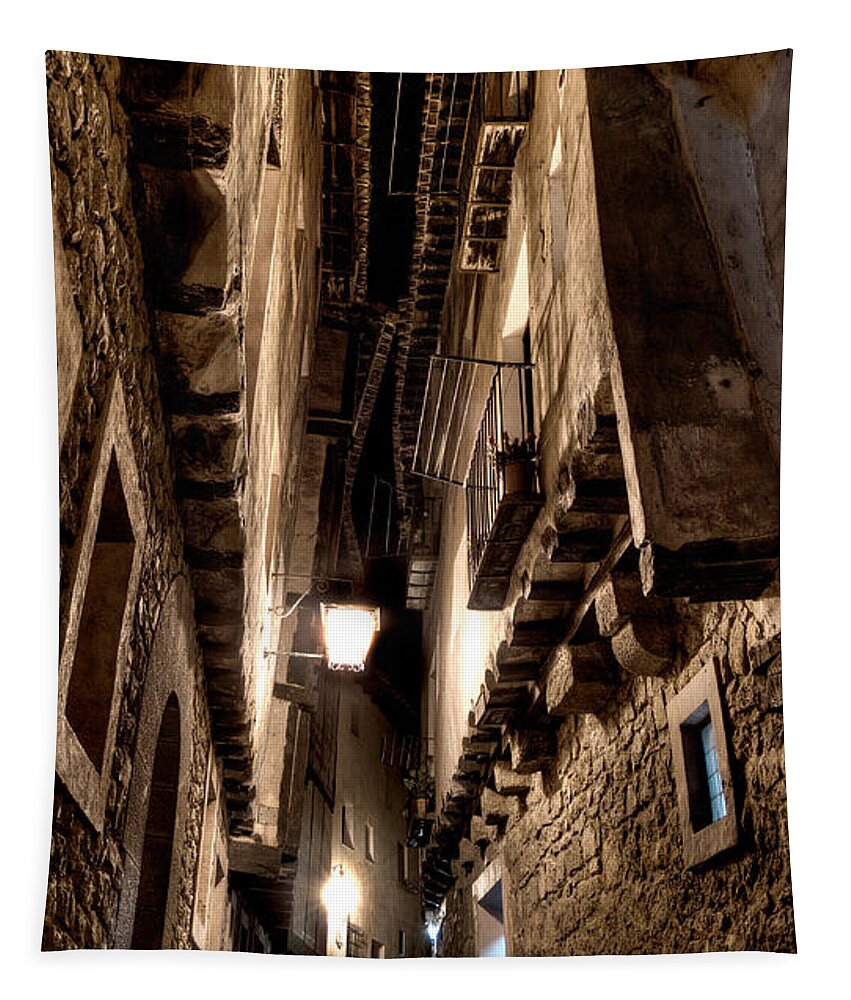Narrow Street Tapestry featuring the photograph Narrow street in Albarracin by Weston Westmoreland