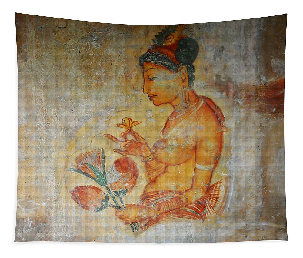 Sri Lanka Tapestry featuring the photograph The Ode for the Women Beauty I. Sigiriyan Lady with Flowers. Sigiriya. Sri Lanka by Jenny Rainbow
