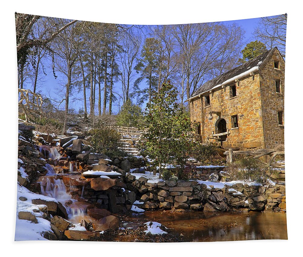 The Old Mill Tapestry featuring the photograph The Old Mill in Winter - Arkansas - North Little Rock by Jason Politte