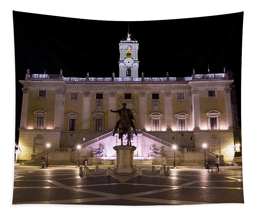 Rome Tapestry featuring the photograph The Piazza del Campidoglio at night by Weston Westmoreland