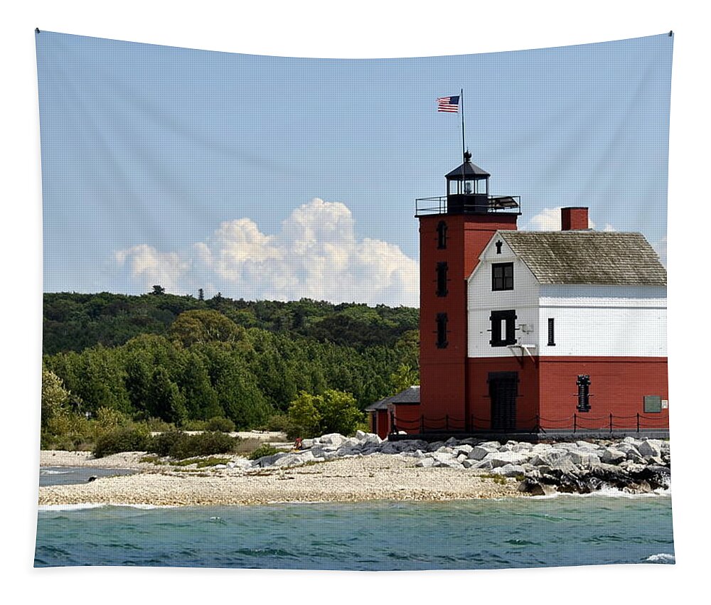 Light Houses Tapestry featuring the photograph Round Island Lighthouse Mackinac The Picnic Spot by Marysue Ryan