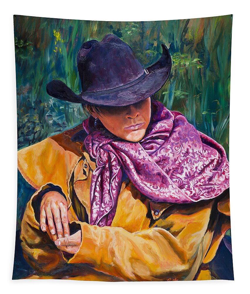 Cowboy Tapestry featuring the painting The Purple Scarf by Page Holland