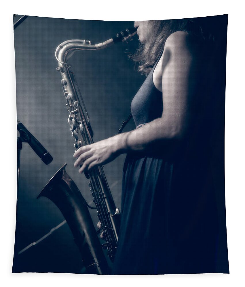 Sax Tapestry featuring the photograph The Saxophonist Sounds In The Night by Bob Orsillo