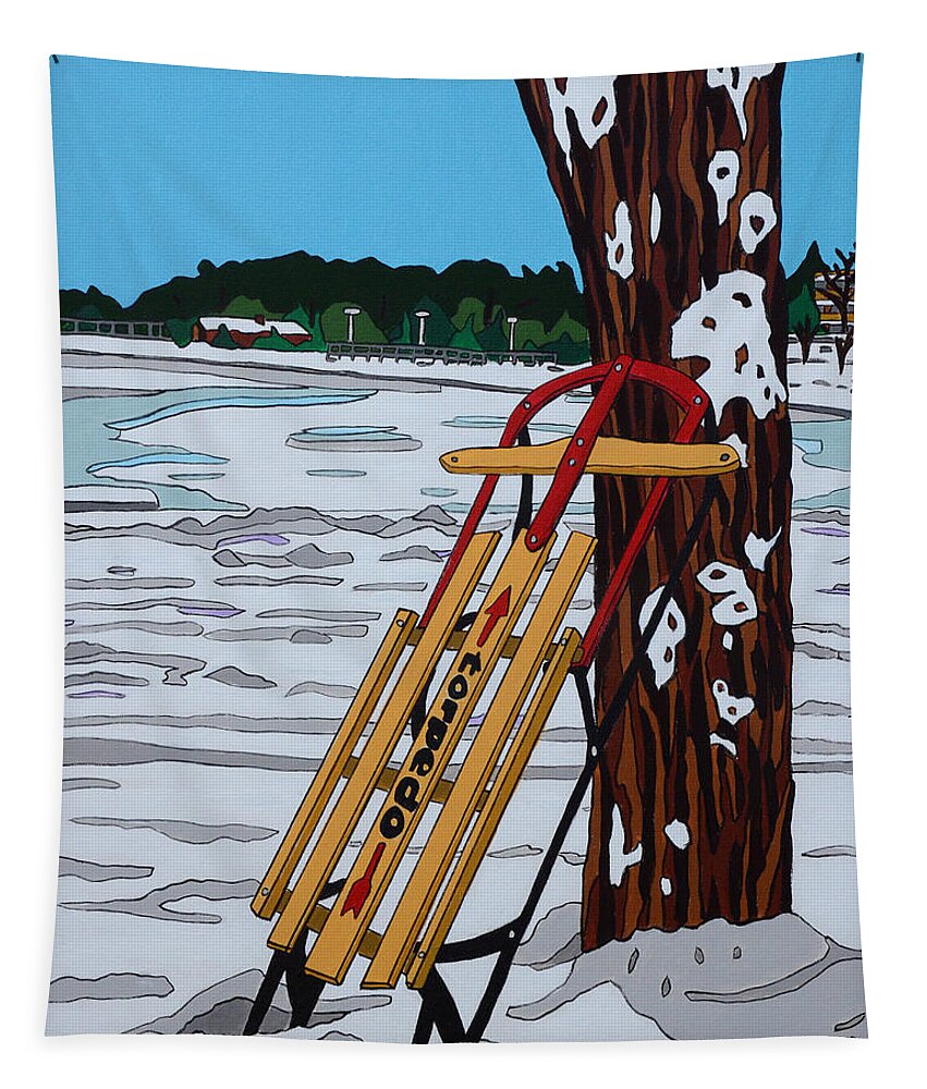 Valley Stream Tapestry featuring the painting The Sled # 2 by Mike Stanko