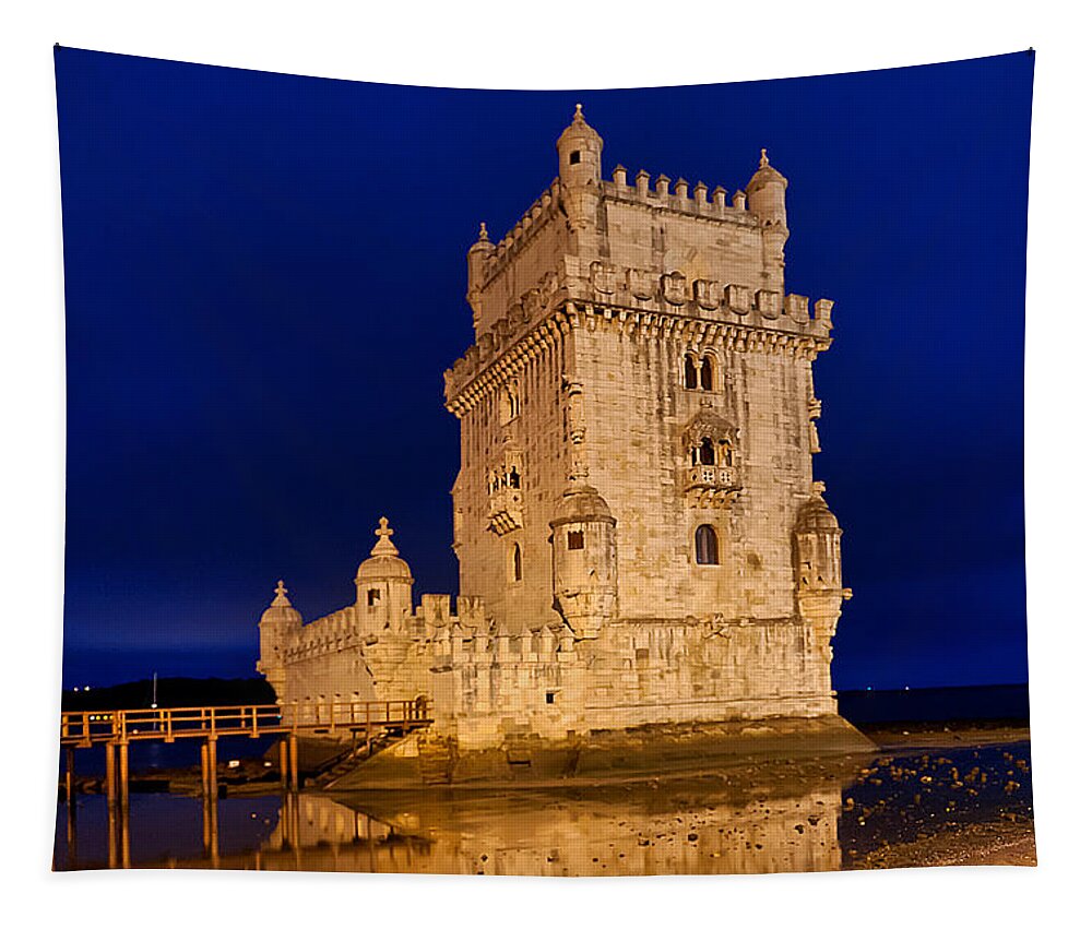  Tapestry featuring the photograph The Tower of Belem in Lisbon at the Blue Hour by Mitchell R Grosky