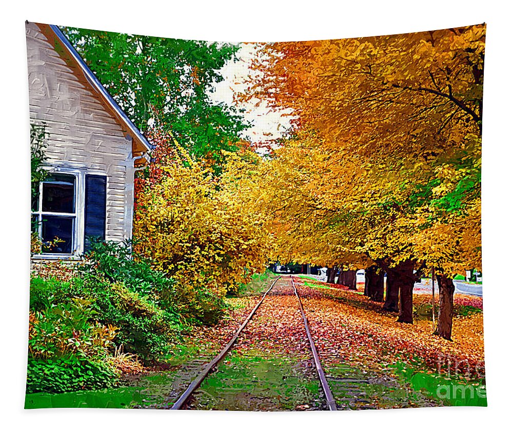 Autumn-foliage Tapestry featuring the painting Tracks By The House by Kirt Tisdale