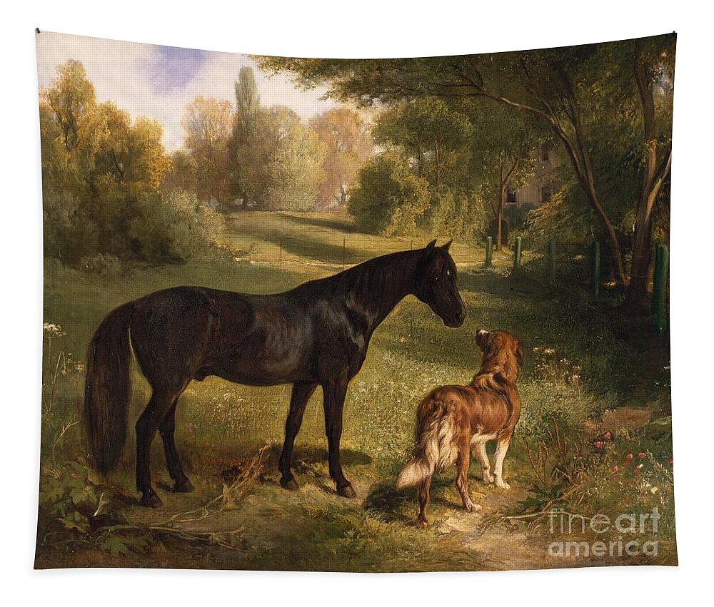 Black Horse Tapestry featuring the painting The two friends by Adam Benno