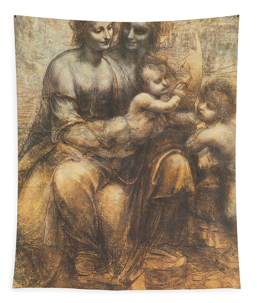 Mother; Child; Drawing; Cartoon; John The Baptist; Infant; Meeting; Serene; Serenity; Saint; Anne; Saints; Family; Holy Family; Children; Smile; Smiles; Tender; Tenderness; Infant Tapestry featuring the drawing The Virgin and Child with Saint Anne and the Infant Saint John the Baptist by Leonardo Da Vinci