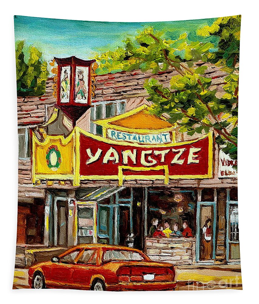 Montreal Tapestry featuring the painting The Yangtze Restaurant On Van Horne Avenue Montreal by Carole Spandau