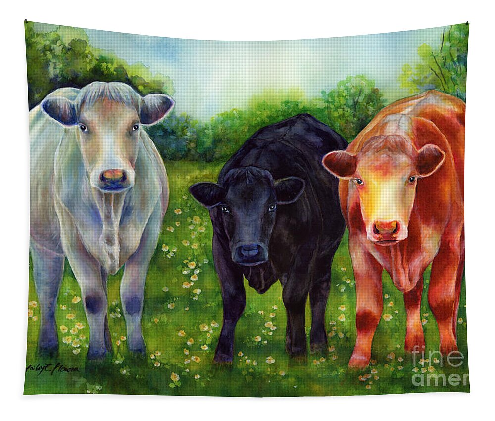 Cows Tapestry featuring the painting Three Amigos by Hailey E Herrera