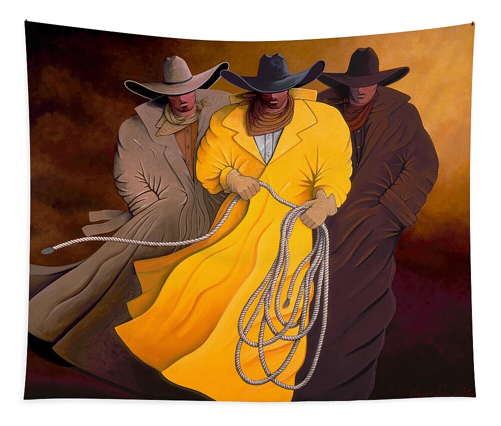 Three Tapestry featuring the painting Three Cowboys by Lance Headlee