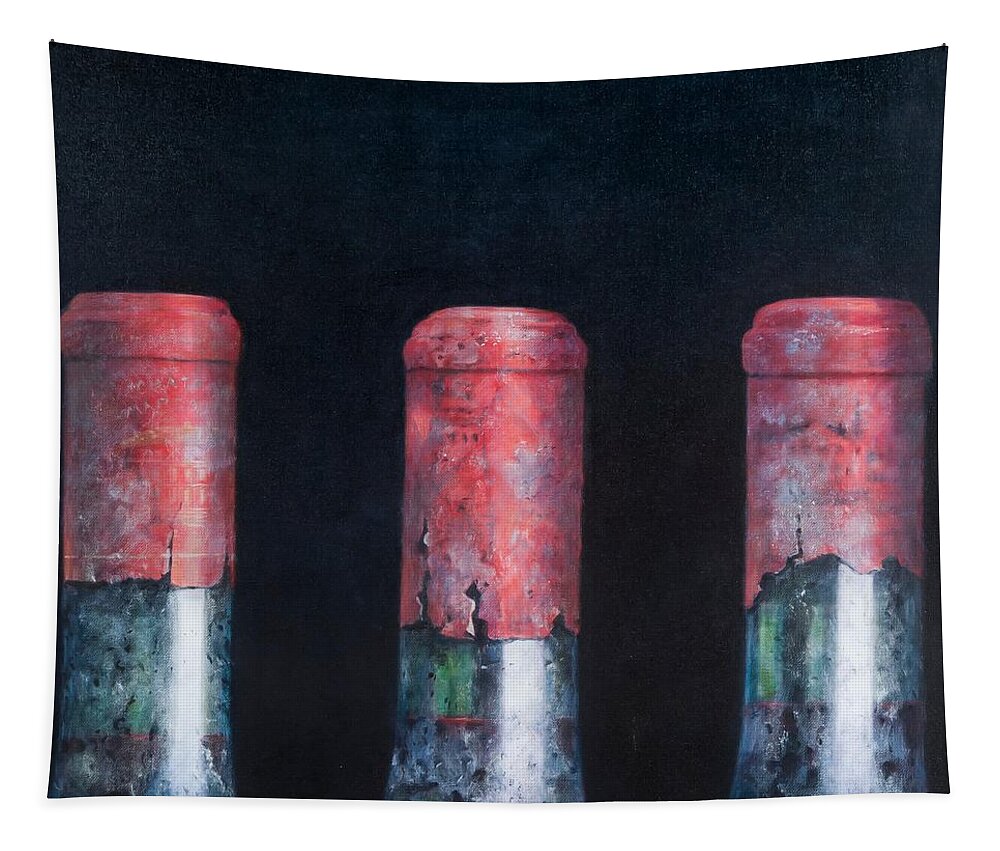 Dust; Dusty; Claret; Clarets; Red Wine; Wine; Wine Bottle; Bottle; Bottles; Wine Tapestry featuring the painting Three dusty clarets by Lincoln Seligman
