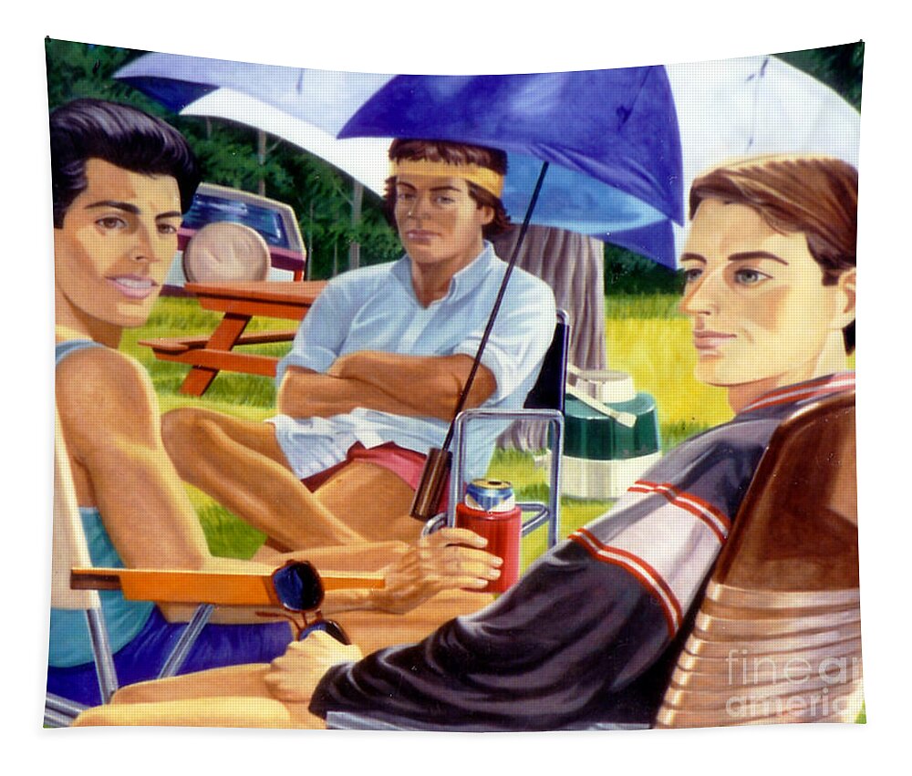 Three Men Tapestry featuring the painting Three Friends Camping by Stan Esson