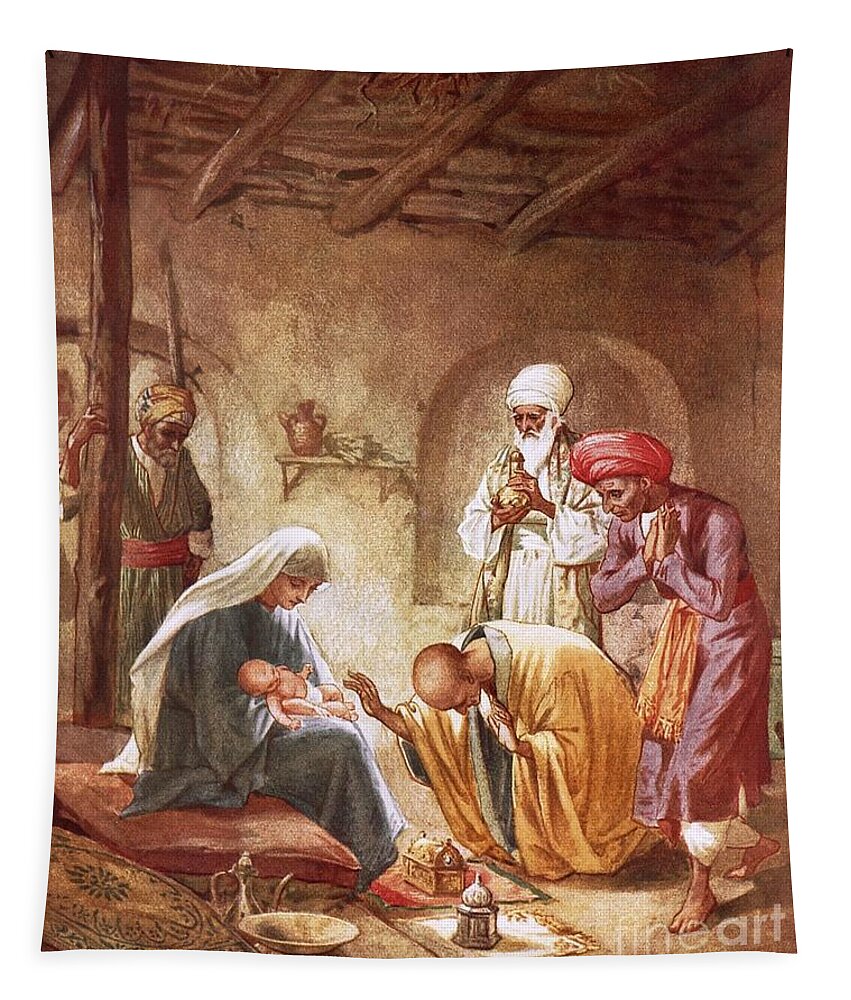 Bible; Jesus Christ; Three Kings; Three Wise Men; Worshiping; Stable; Baby; Three Kings; Gifts Tapestry featuring the painting Three kings worship Christ by William Brassey Hole