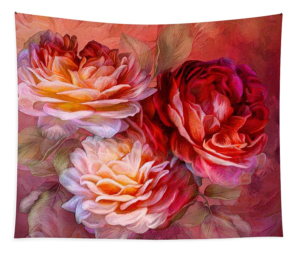 Rose Roses Tapestry featuring the mixed media Three Roses - Red by Carol Cavalaris