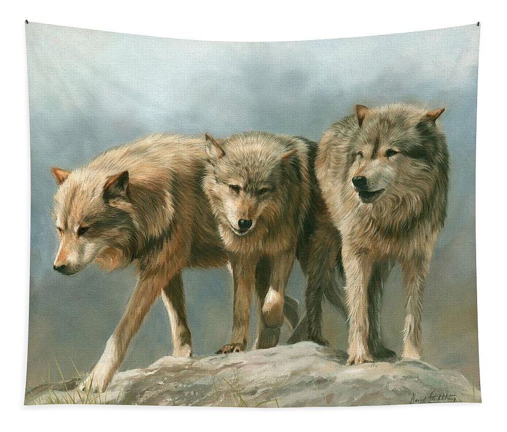 Wolf Tapestry featuring the painting Three Wolves by David Stribbling