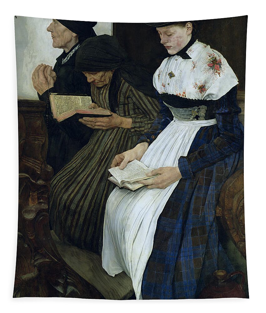 Three Women In Church Tapestry featuring the painting Three Women in Church by Wilhelm Maria Hubertus Leibl