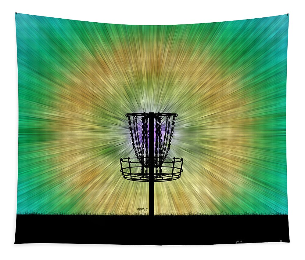 Tie Dye Tapestry featuring the digital art Tie Dye Disc Golf Basket by Phil Perkins