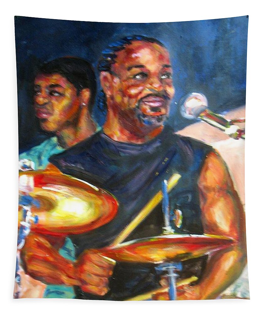 Drums Tapestry featuring the painting Tiger on Drums by Beverly Boulet