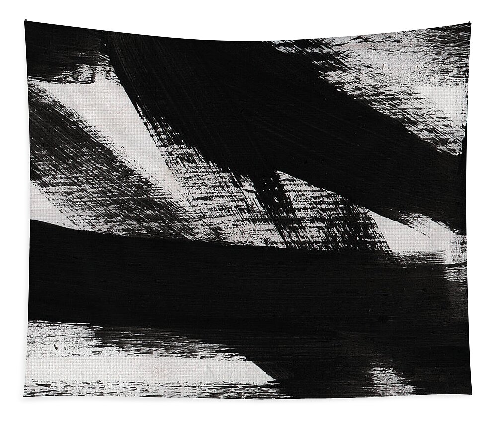 Black And White Abstract Tapestry featuring the painting Timber 2- horizontal abstract black and white painting by Linda Woods