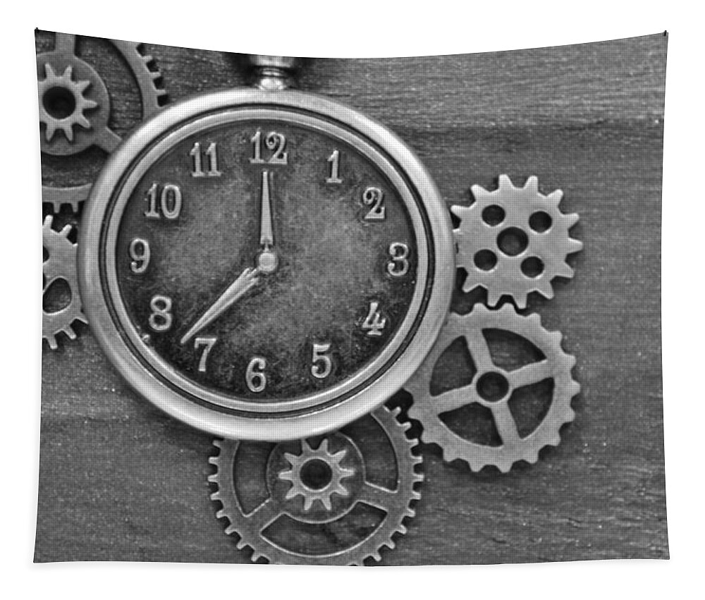 Clock Tapestry featuring the photograph Time in black and white by Meganne Peck