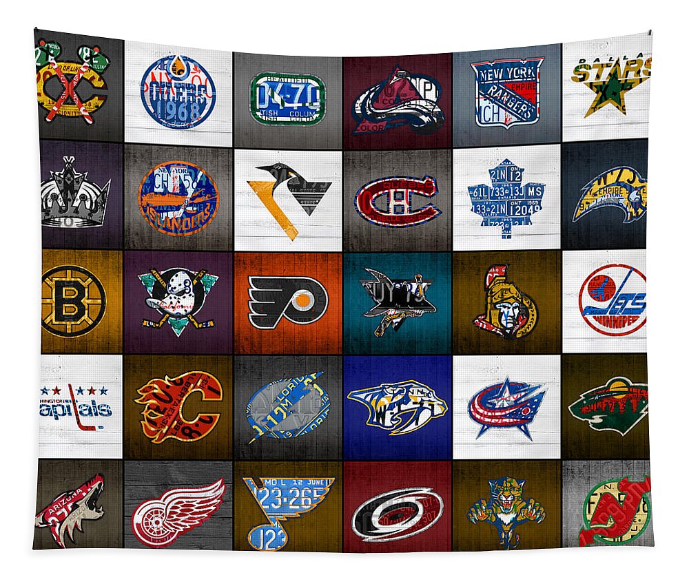 Skates Tapestry featuring the mixed media Time to Lace Up the Skates Recycled Vintage Hockey League Team Logos License Plate Art by Design Turnpike