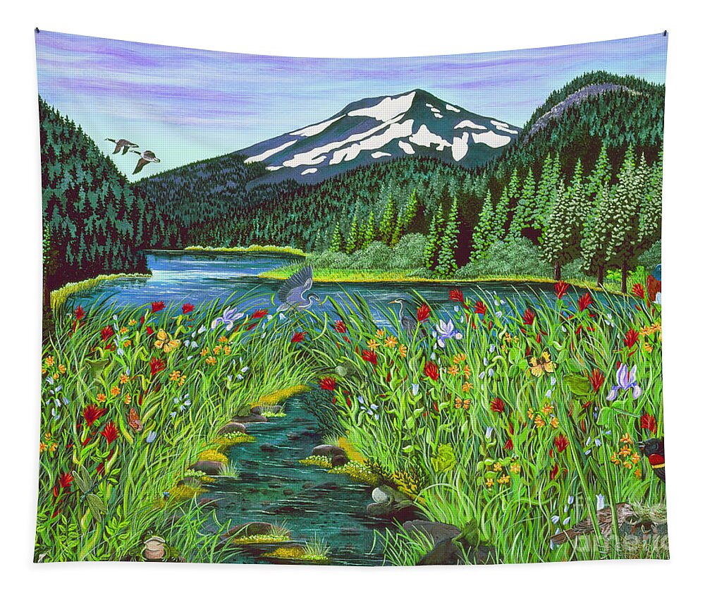 Mountain Lake Tapestry featuring the painting Todd Lake Mt. Bachelor by Jennifer Lake