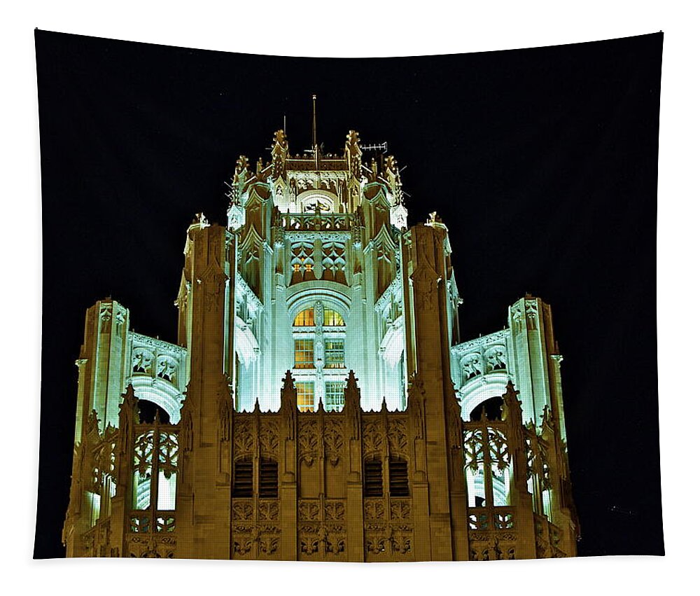Chicago Tapestry featuring the photograph Top of the Tribune Tower by John Babis
