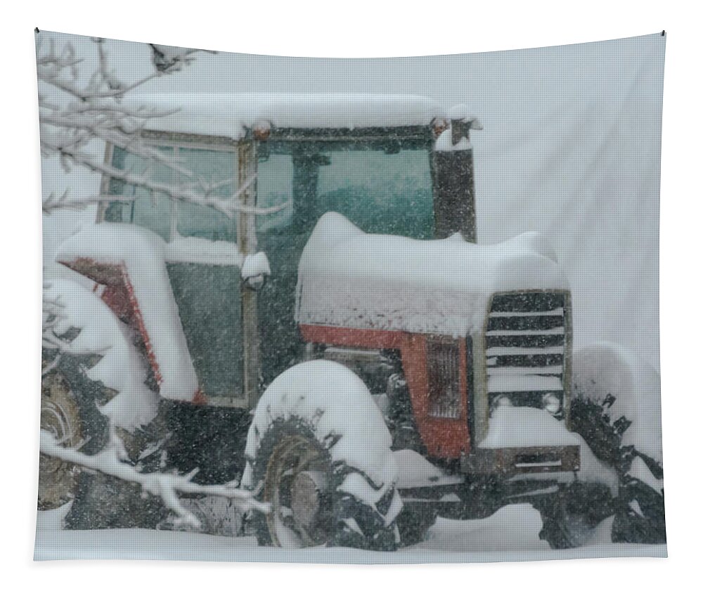 Snow Tapestry featuring the photograph Tractor in the Snow by Holden The Moment