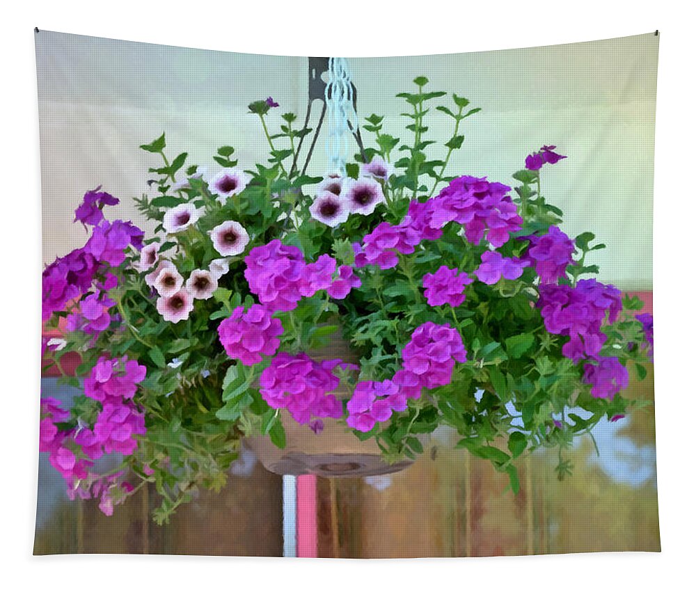 Trailing Petunia Flowers In A Hanging Basket Tapestry featuring the painting Trailing petunia flowers in a hanging basket by Jeelan Clark