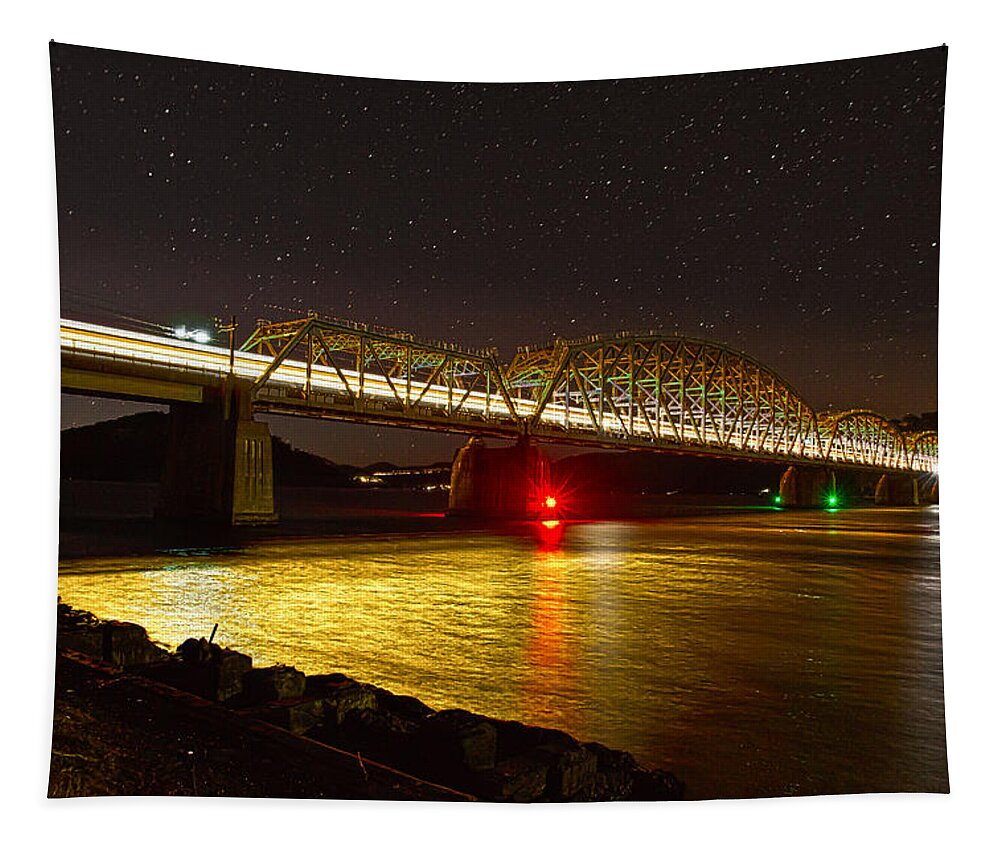 Hawkesbury River Railway Bridge Tapestry featuring the photograph Train lights in the night by Miroslava Jurcik